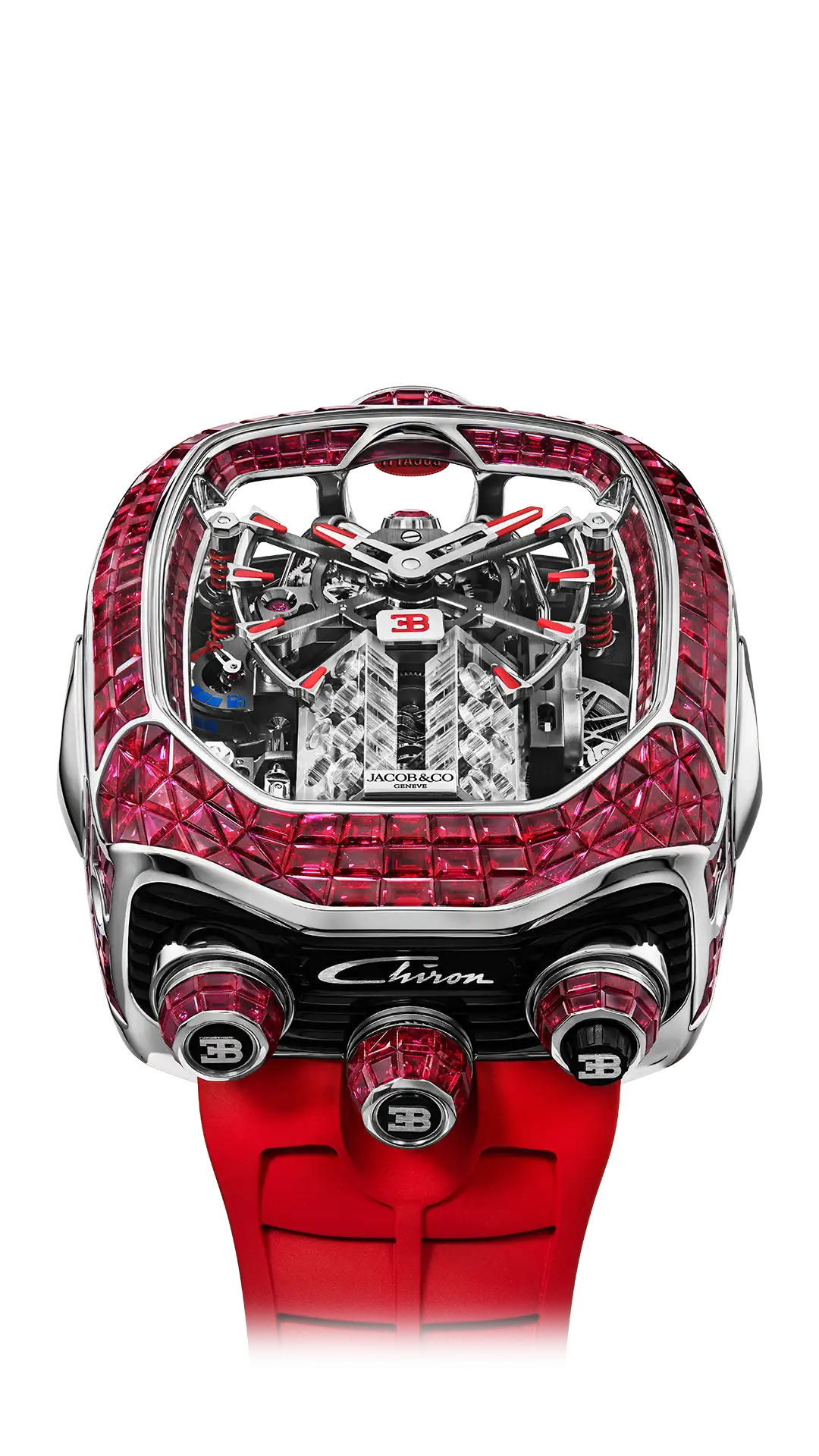 Bugatti Chiron Tourbillon Baguette |  White Gold (Rubies) Jacob & Co.