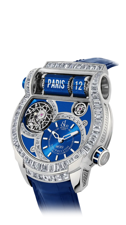 Epic SF24 Tourbillon Baguette |  White Gold Blue Dial Jacob & Co.