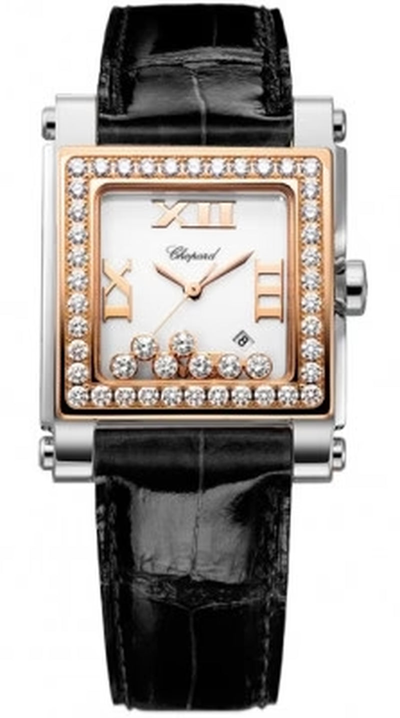'- Happy Sport Automatic - Square Medium - Stainless Steel and Rose Gold with Diamonds