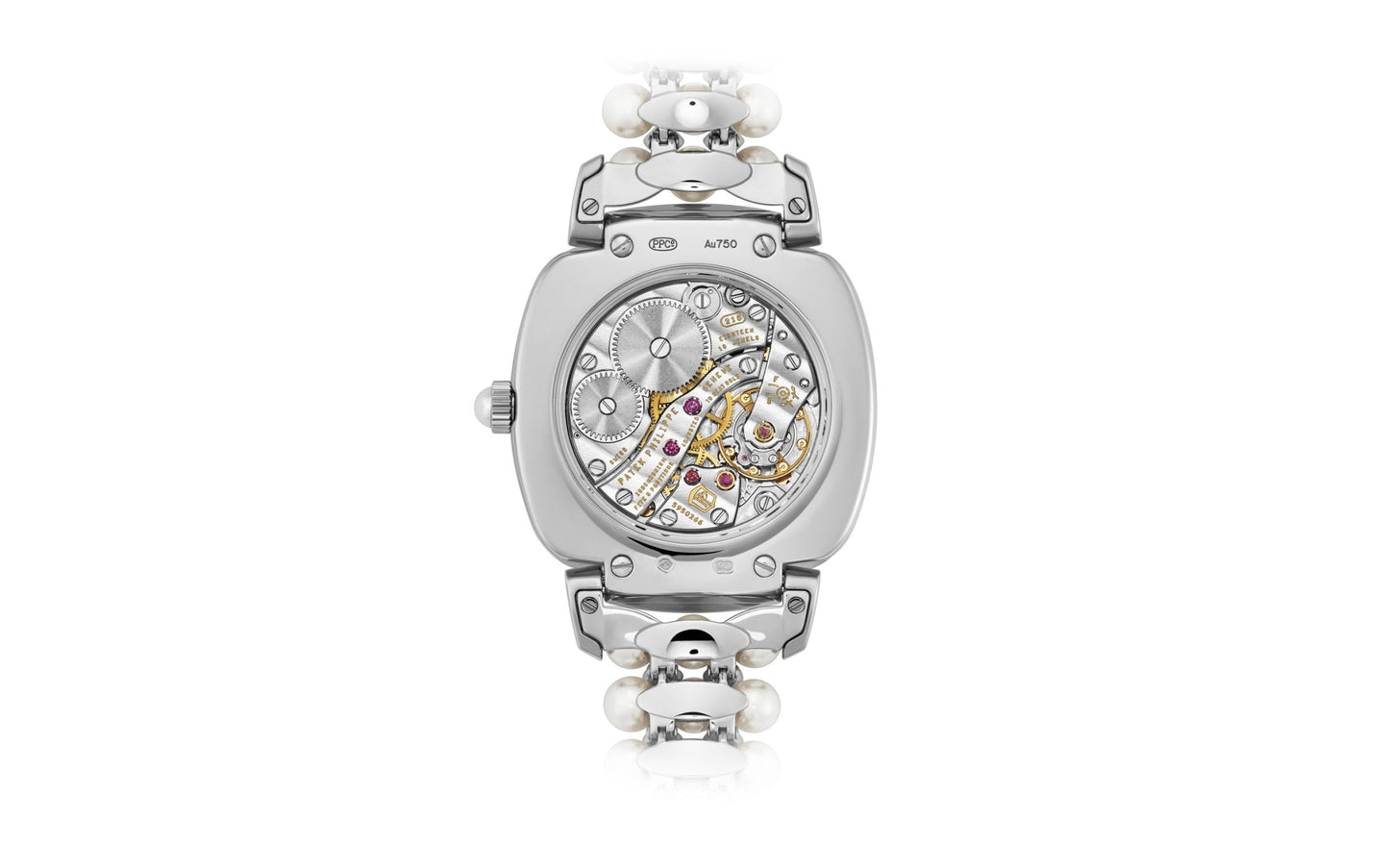 Patek Philippe Ladies Gondolo Haute Joaillerie, 18kt White Gold set with diamonds and Akoya pearls, 31 × 34.8mm, Ref# 7042/100G-010