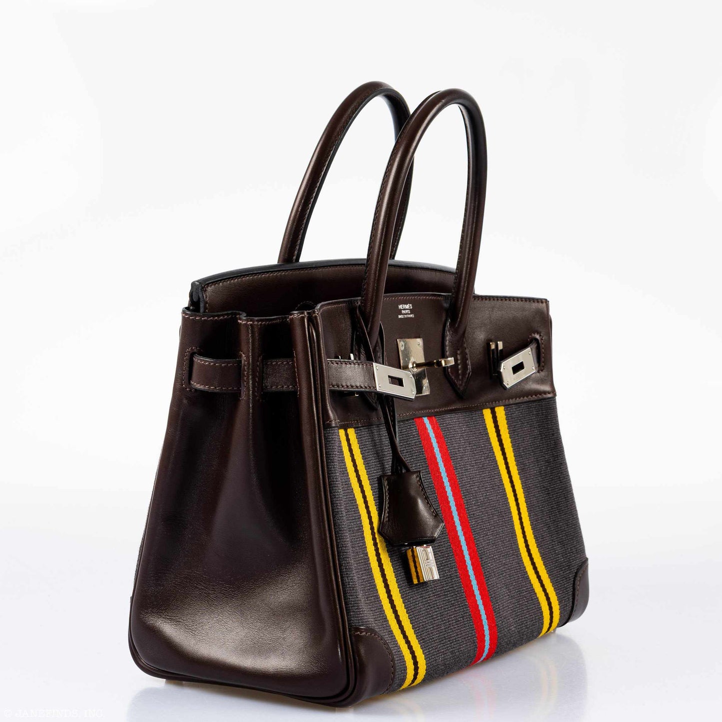 Hermès Birkin 30 Marron Fonce Calf & Colorful Wool Jumping Canvas Palladium Hardware