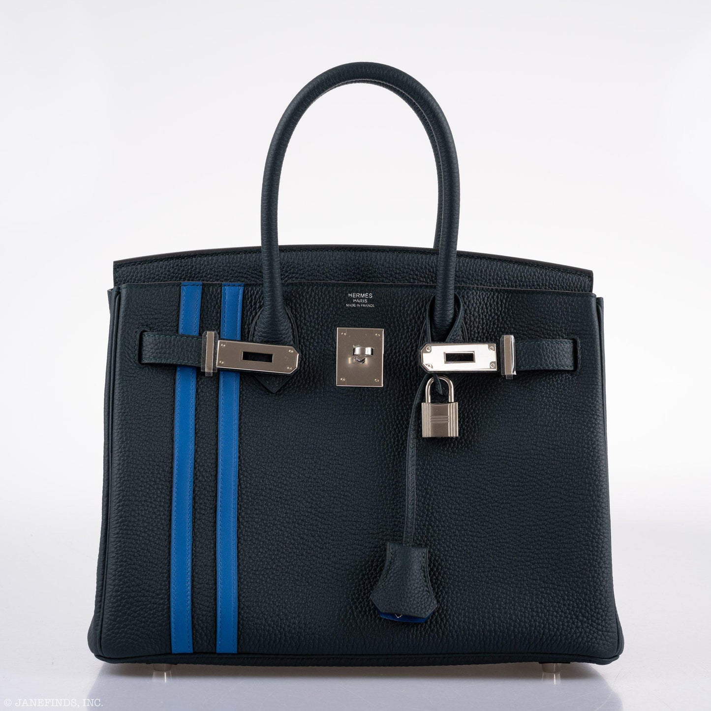 Hermès Birkin 30 Officier Vert Cyprès Togo & Bleu Zellige Stripe & Lining Palladium Hardware