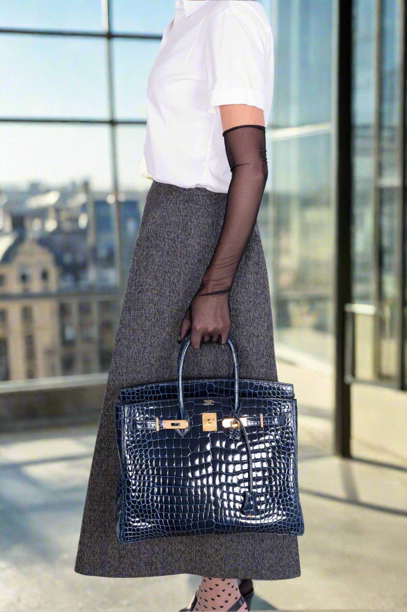 Hermès Birkin 35 Bleu Baltique Shiny Porosus Crocodile Gold Hardware