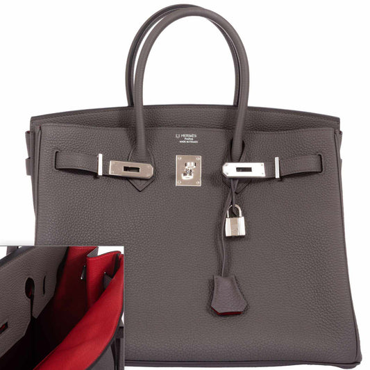 Hermès Birkin 35 HSS Bi-Color Etain & Rouge Vif Togo Palladium Hardware