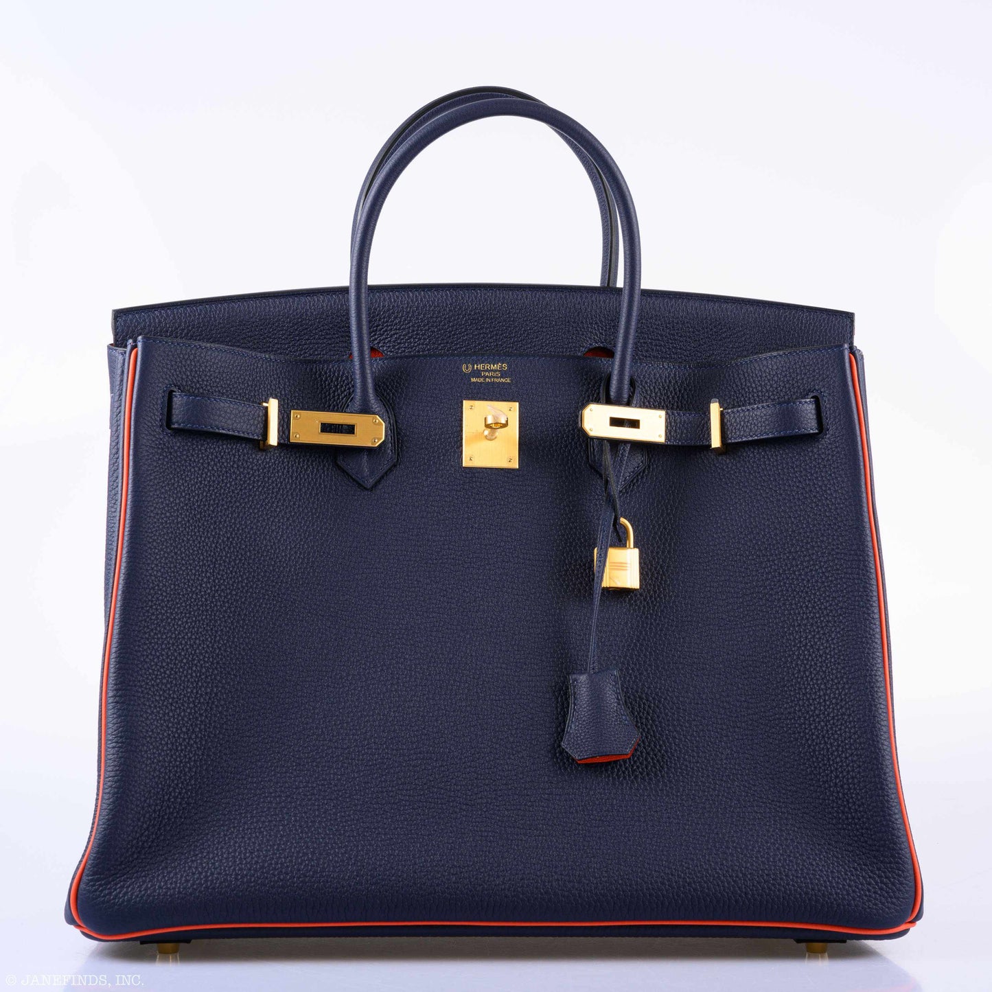 Hermès Birkin 40 HSS Blue Nuit & Orange Poppy Interior & Piping Togo Brushed Gold Hardware