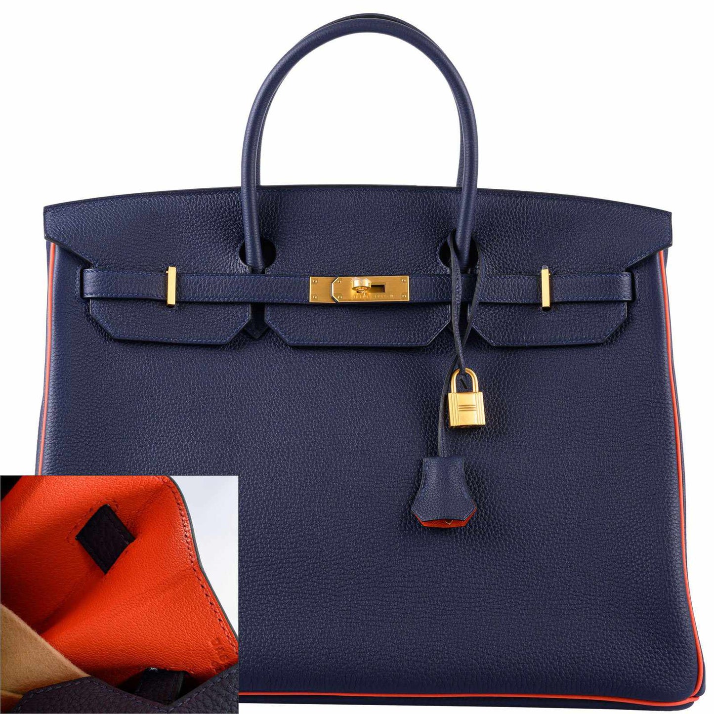 Hermès Birkin 40 HSS Blue Nuit & Orange Poppy Interior & Piping Togo Brushed Gold Hardware