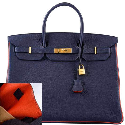 Hermès Birkin 40 HSS Blue Nuit & Orange Poppy Interior & Piping Togo Brushed Gold Hardware