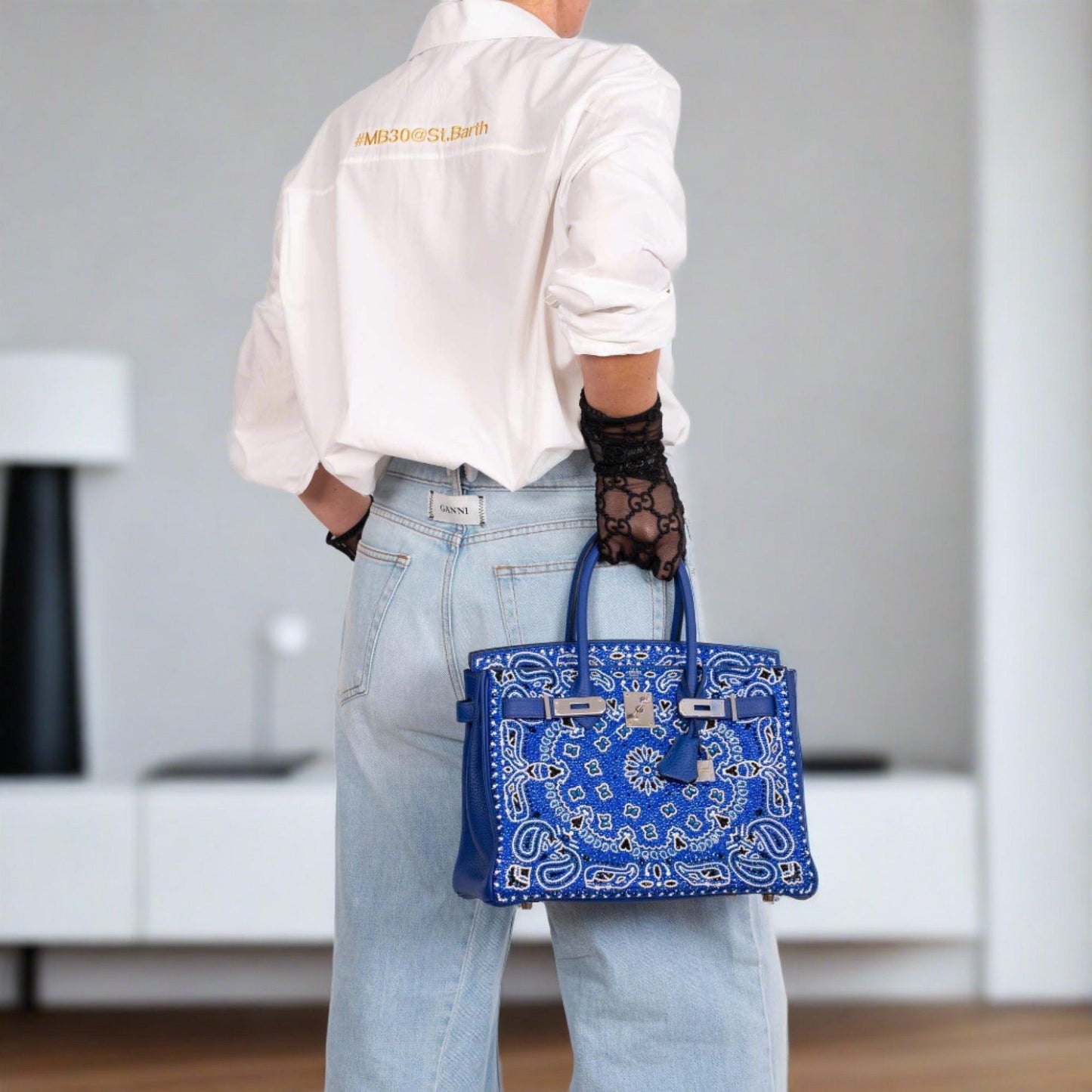 Hermès Custom Swarovski Crystal Cowgirl Bandana Birkin 30 Blue Togo Palladium Hardware