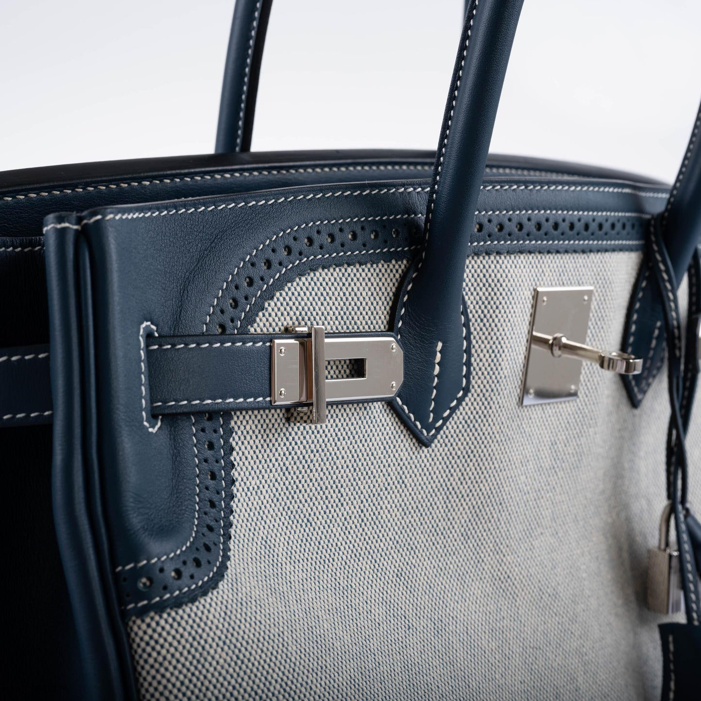 Hermès Ghillies Birkin 35 Blue de Prusse Swift & Toile with Palladium Hardware - 2014, R Square