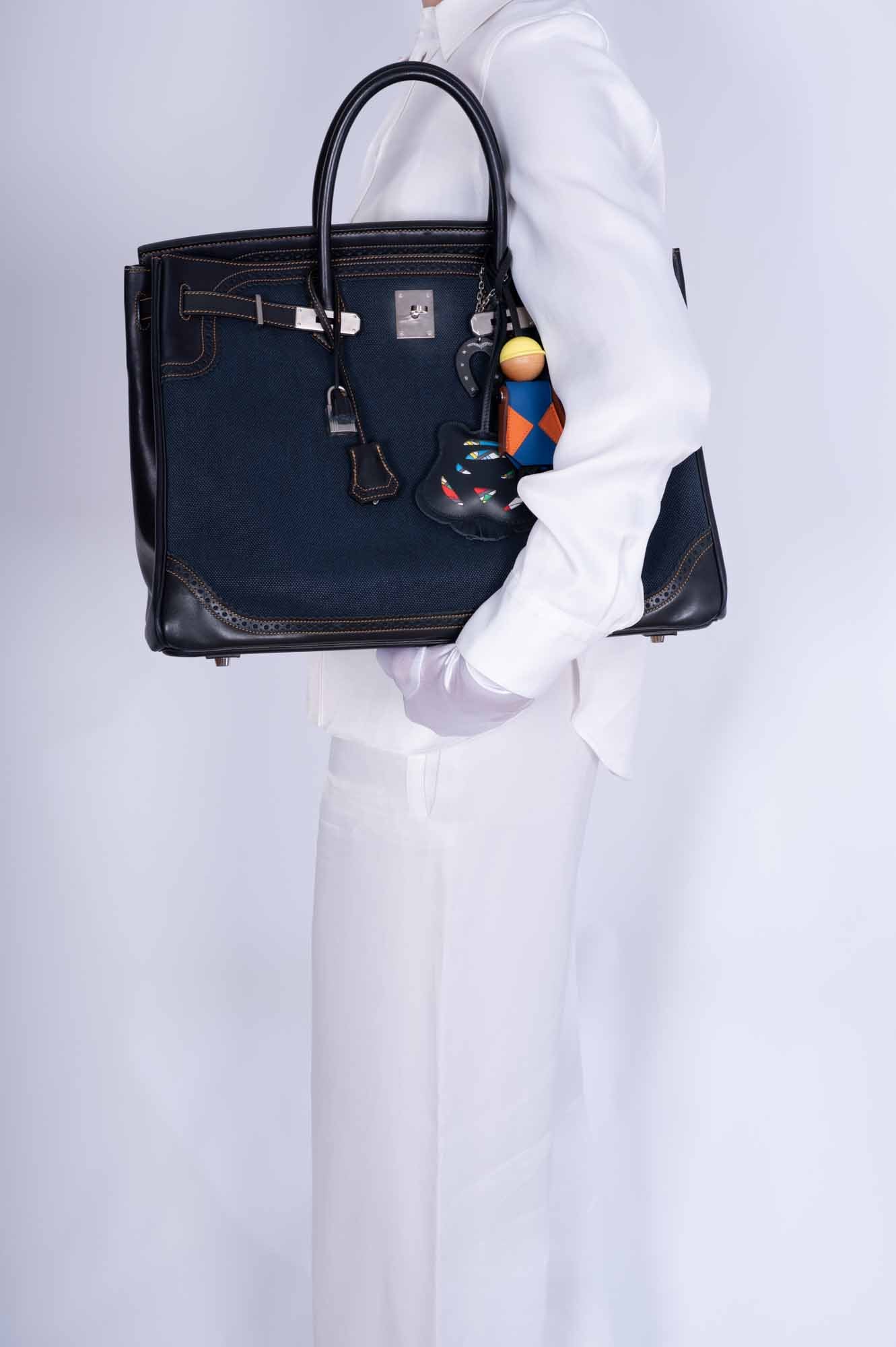 Hermès Ghillies Birkin 40 Indigo Denim and Black Tadelakt Brushed Palladium Hardware