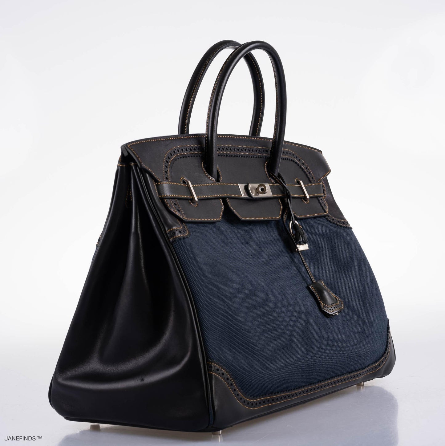 Hermès Ghillies Birkin 40 Indigo Denim and Black Tadelakt Brushed Palladium Hardware
