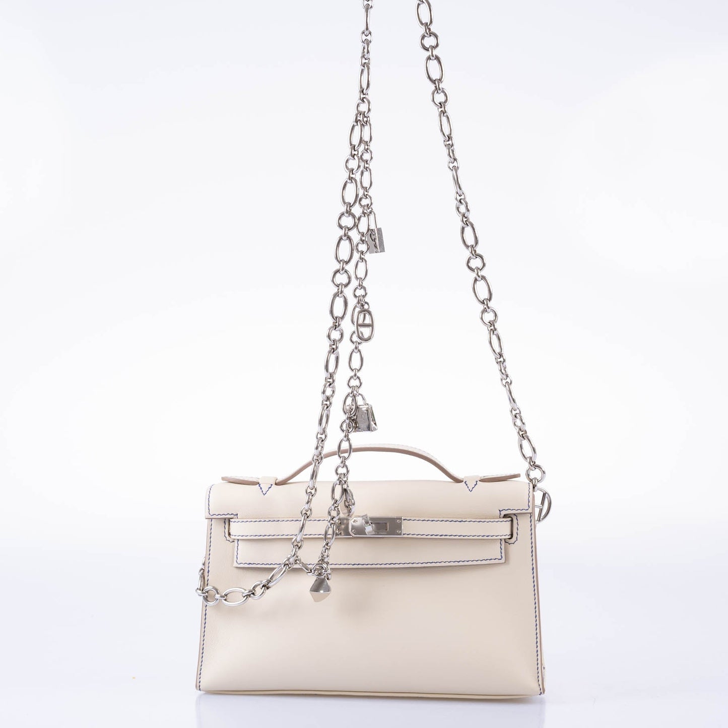 Hermès HSS Kelly Pochette Craie & Blue Electric Swift with Palladium Hardware - 2021, Z