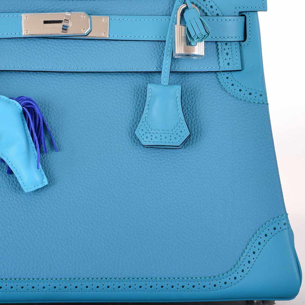 Hermès Kelly 32 Ghillies Clemence Swift Turquoise Mix Palladium Hardware