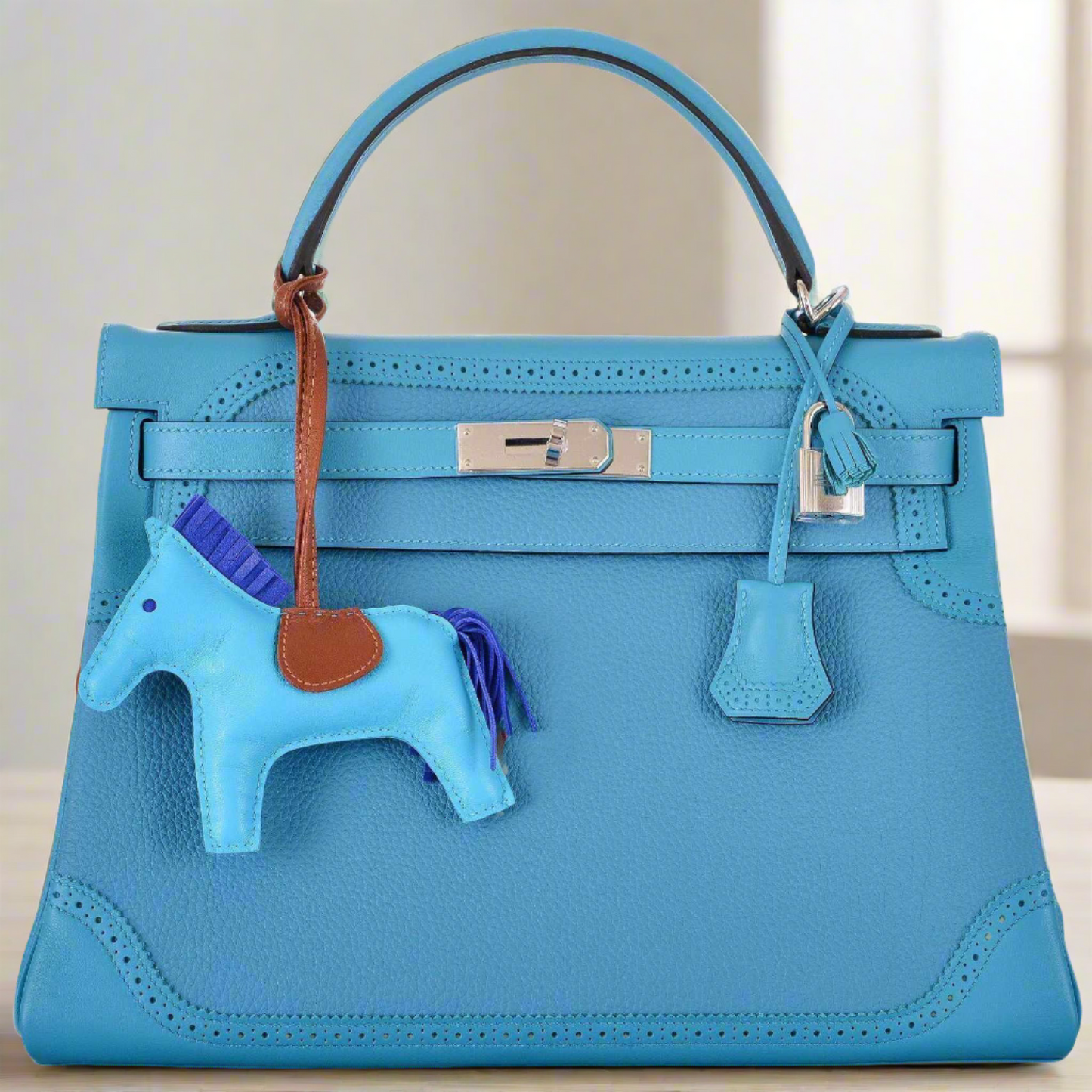 Hermès Kelly 32 Ghillies Clemence Swift Turquoise Mix Palladium Hardware