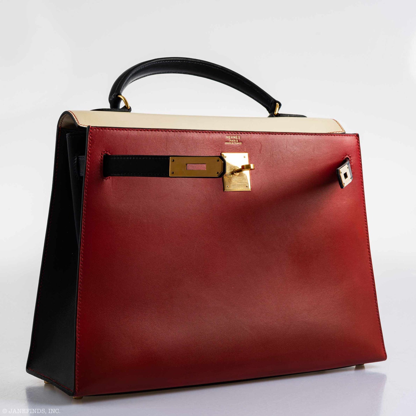 Hermès Kelly 32 Sellier Rouge Vif, Parchemin & Bleu Marine Calfbox Leather Gold Hardware - 1994