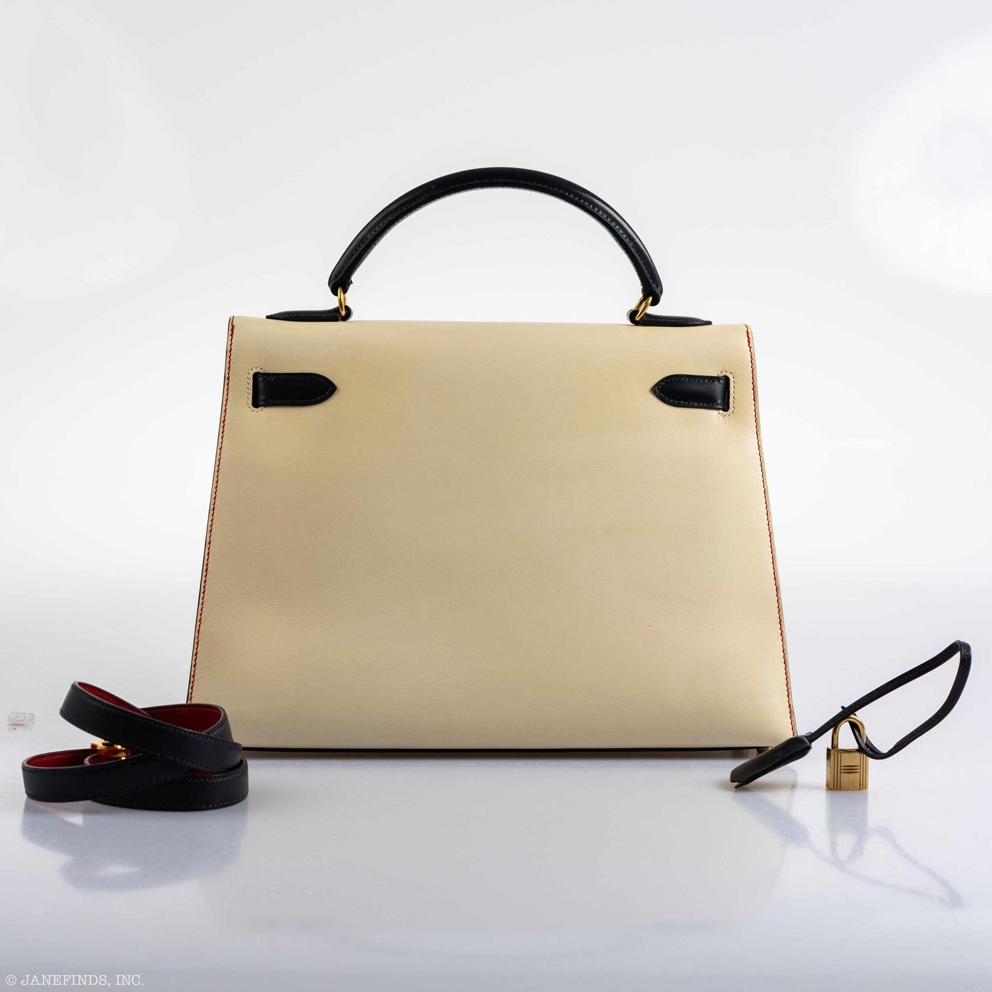 Hermès Kelly 32 Sellier Rouge Vif, Parchemin & Bleu Marine Calfbox Leather Gold Hardware - 1994