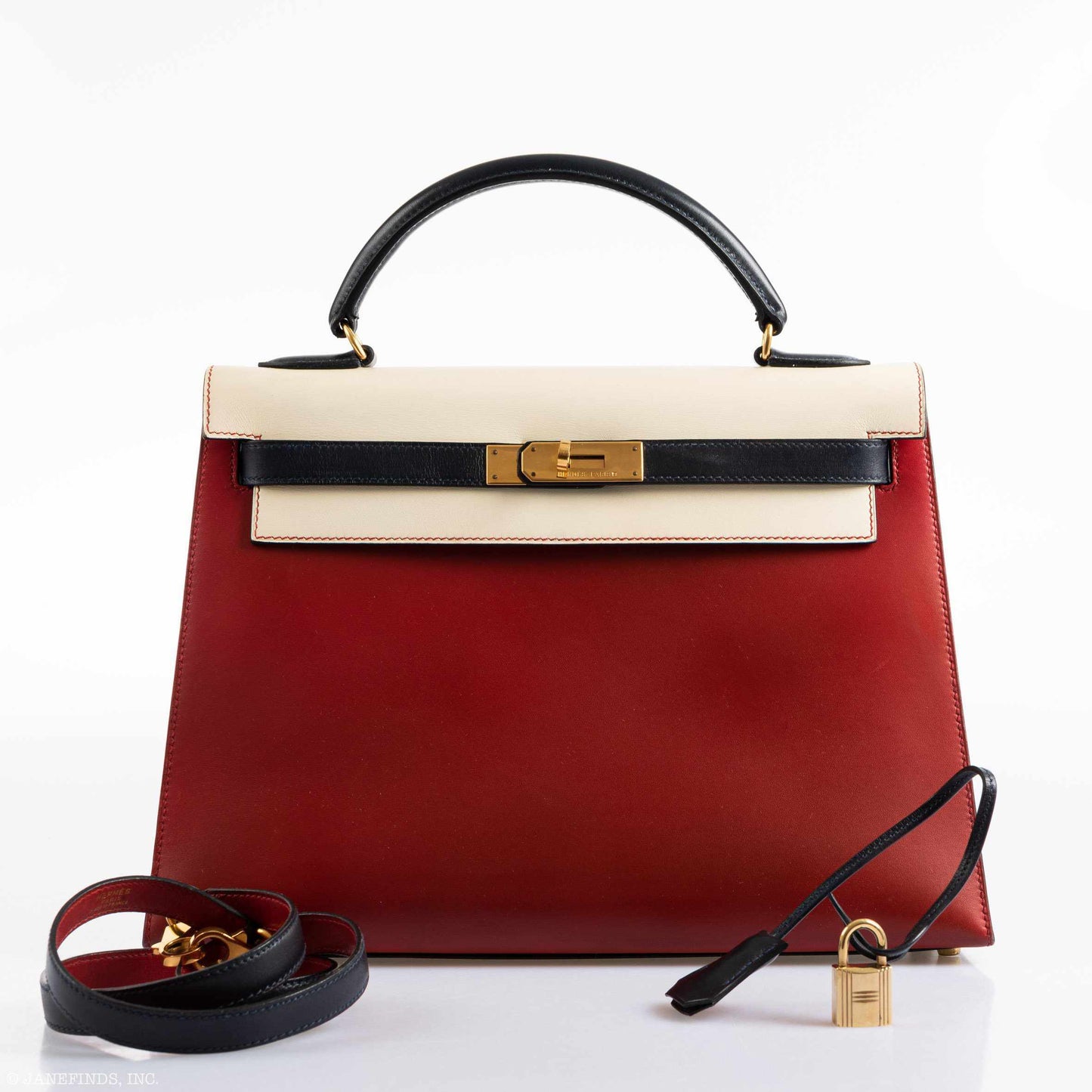 Hermès Kelly 32 Sellier Rouge Vif, Parchemin & Bleu Marine Calfbox Leather Gold Hardware - 1994