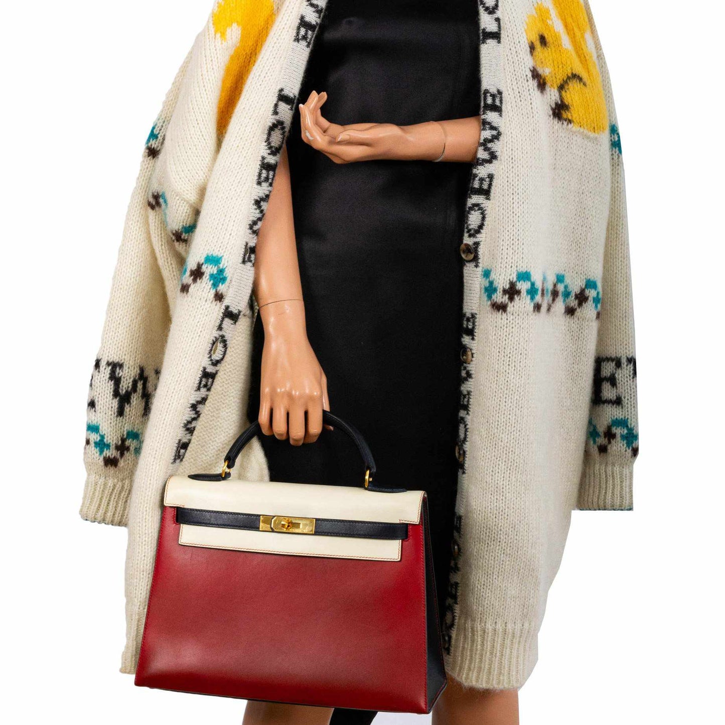 Hermès Kelly 32 Sellier Rouge Vif, Parchemin & Bleu Marine Calfbox Leather Gold Hardware - 1994