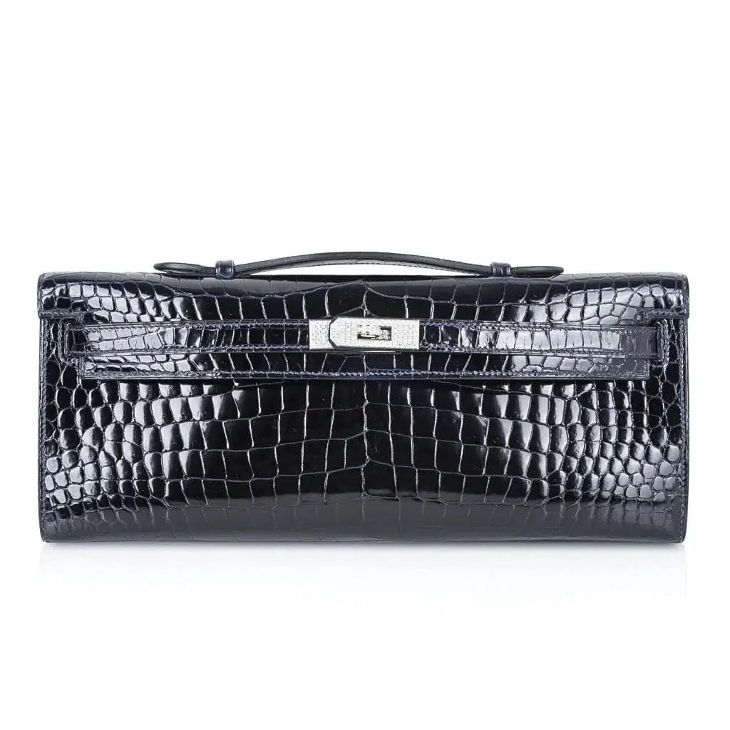 Hermès Kelly Cut Blue Marine Porosus Crocodile with Diamond and White Gold Hardware