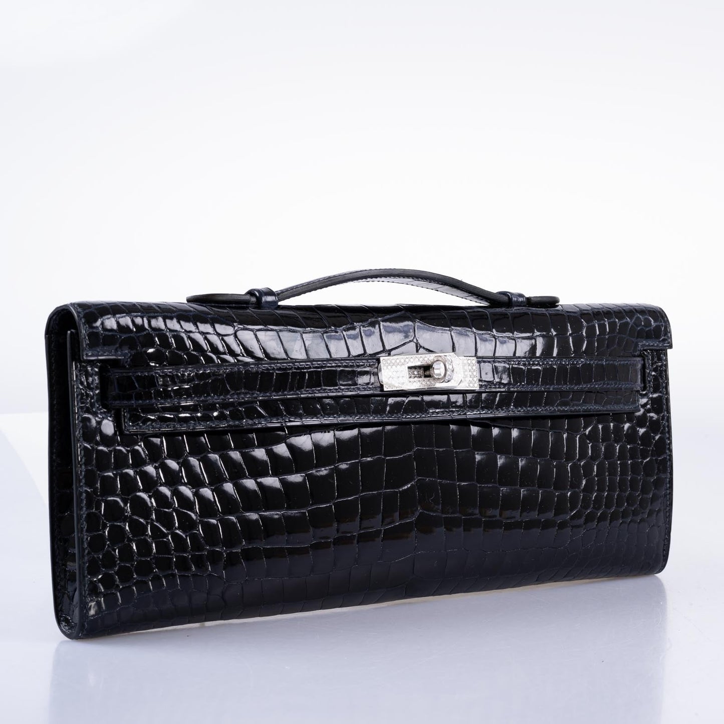 Hermès Kelly Cut Blue Marine Porosus Crocodile with Diamond and White Gold Hardware