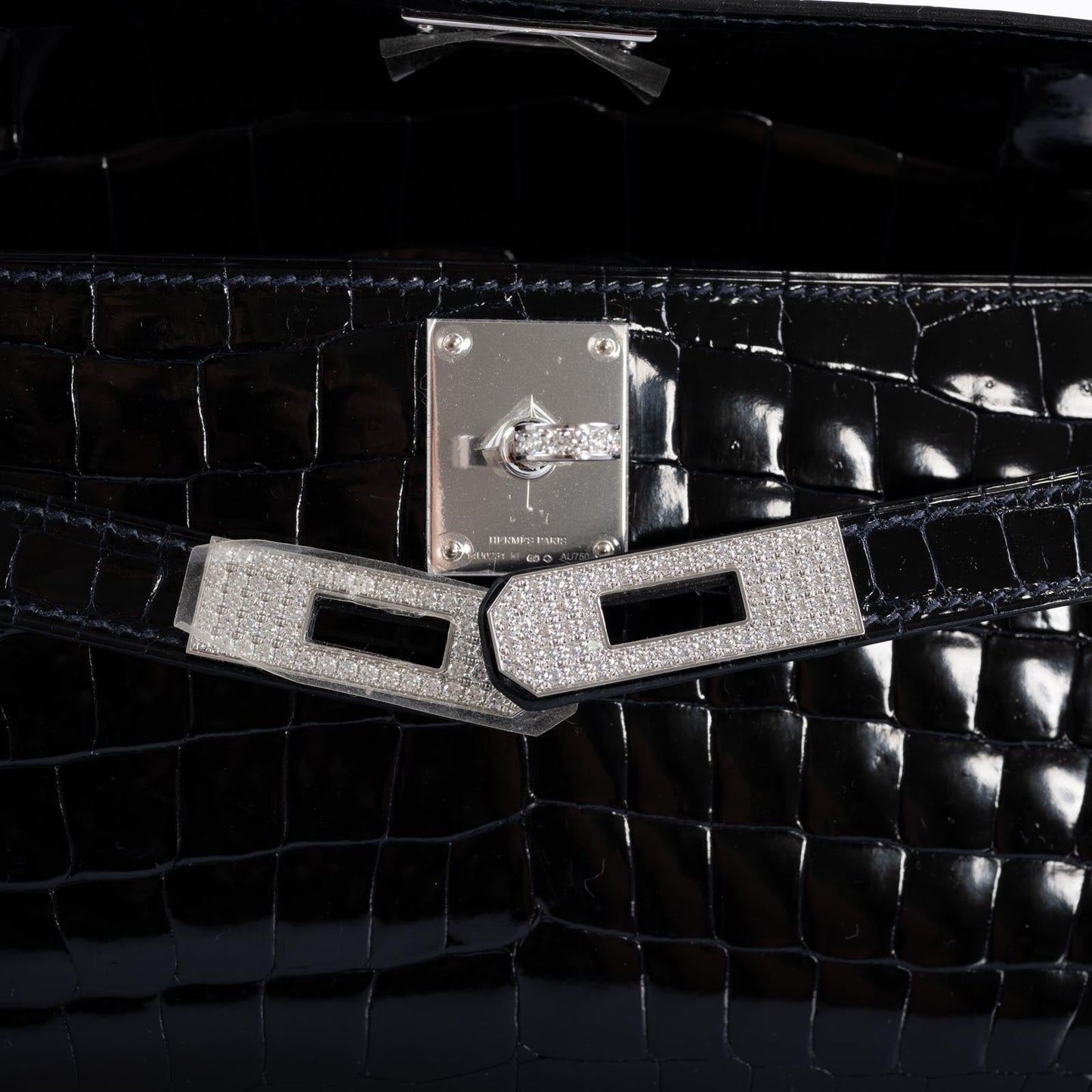 Hermès Kelly Cut Blue Marine Porosus Crocodile with Diamond and White Gold Hardware