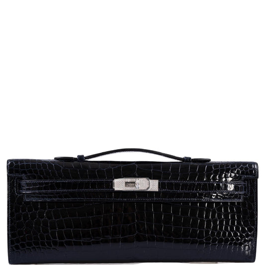 Hermès Kelly Cut Blue Marine Porosus Crocodile with Diamond and White Gold Hardware