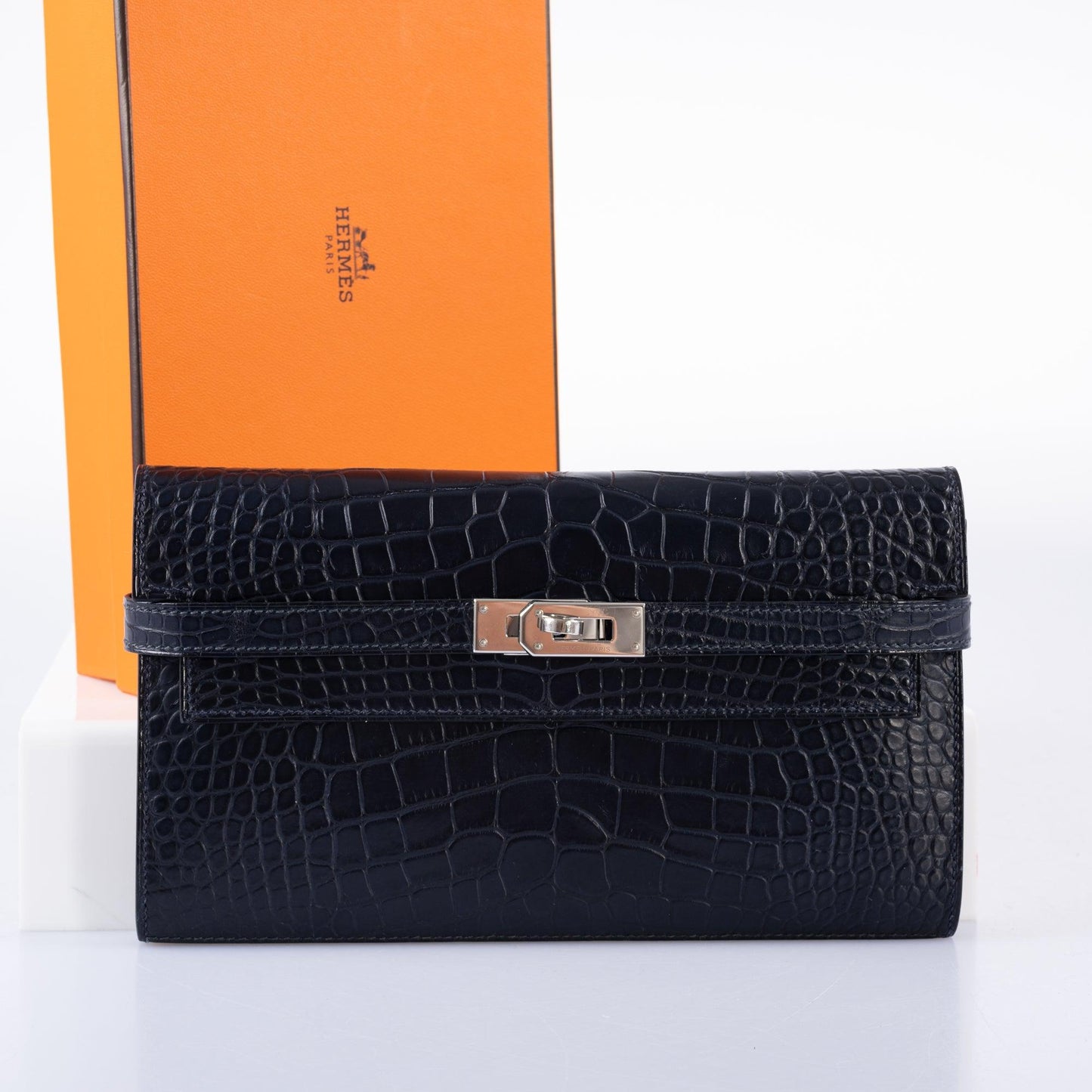 Hermès Kelly Longue Wallet Blue Marine Matte Alligator with Palladium Hardware