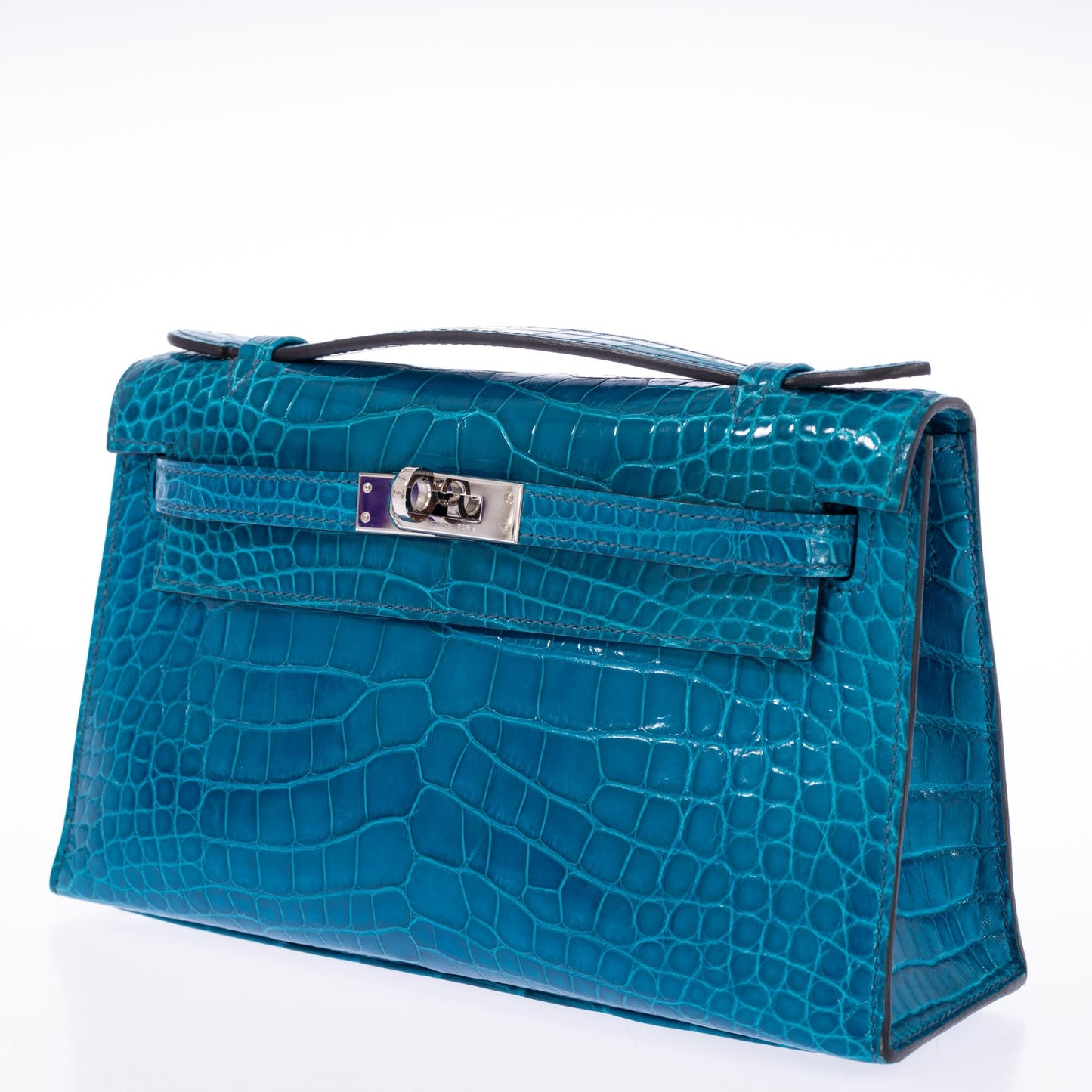 Hermès Kelly Pochette Blue Izmir Shiny Alligator Palladium Hardware