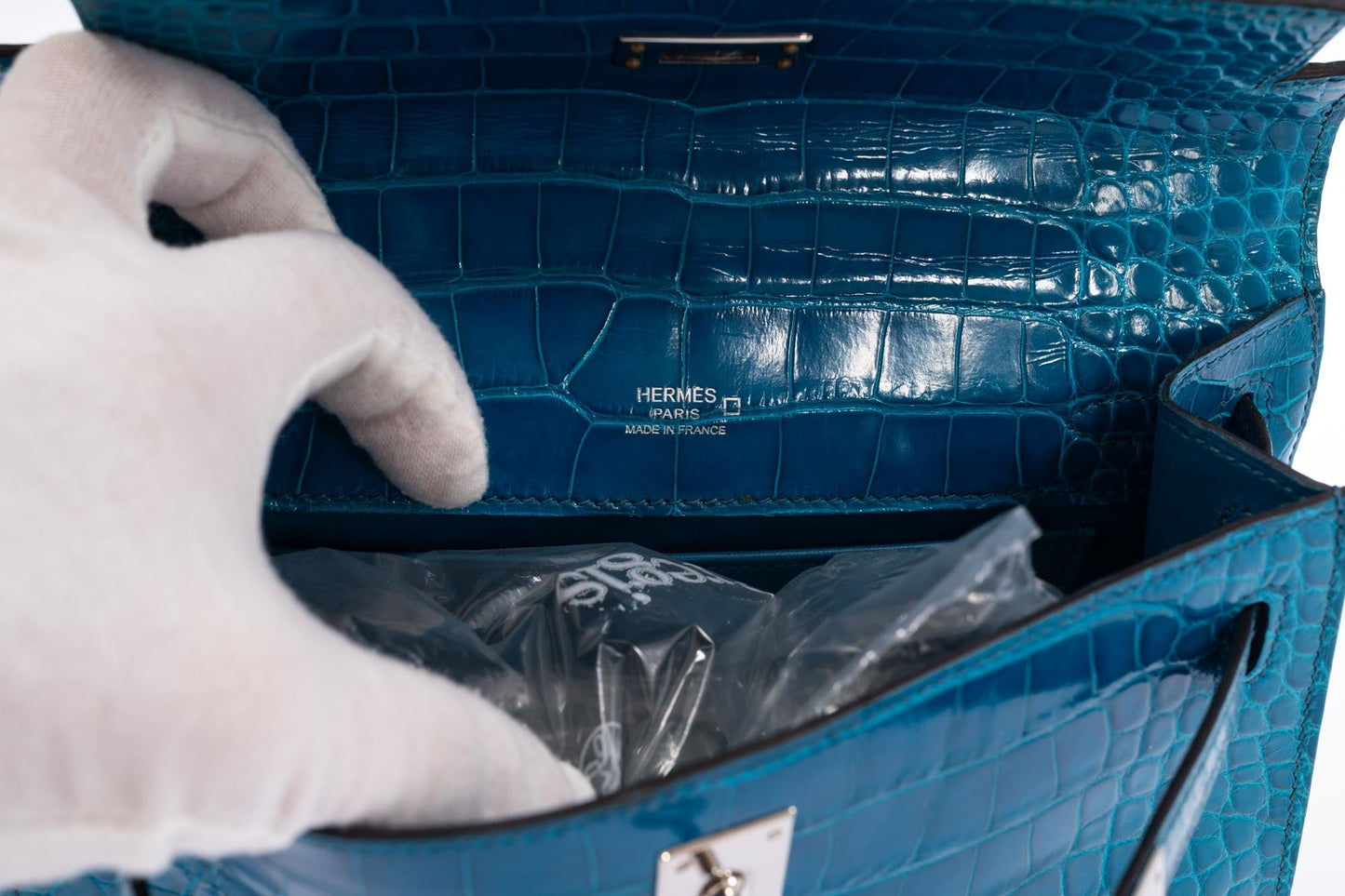 Hermès Kelly Pochette Blue Izmir Shiny Alligator Palladium Hardware