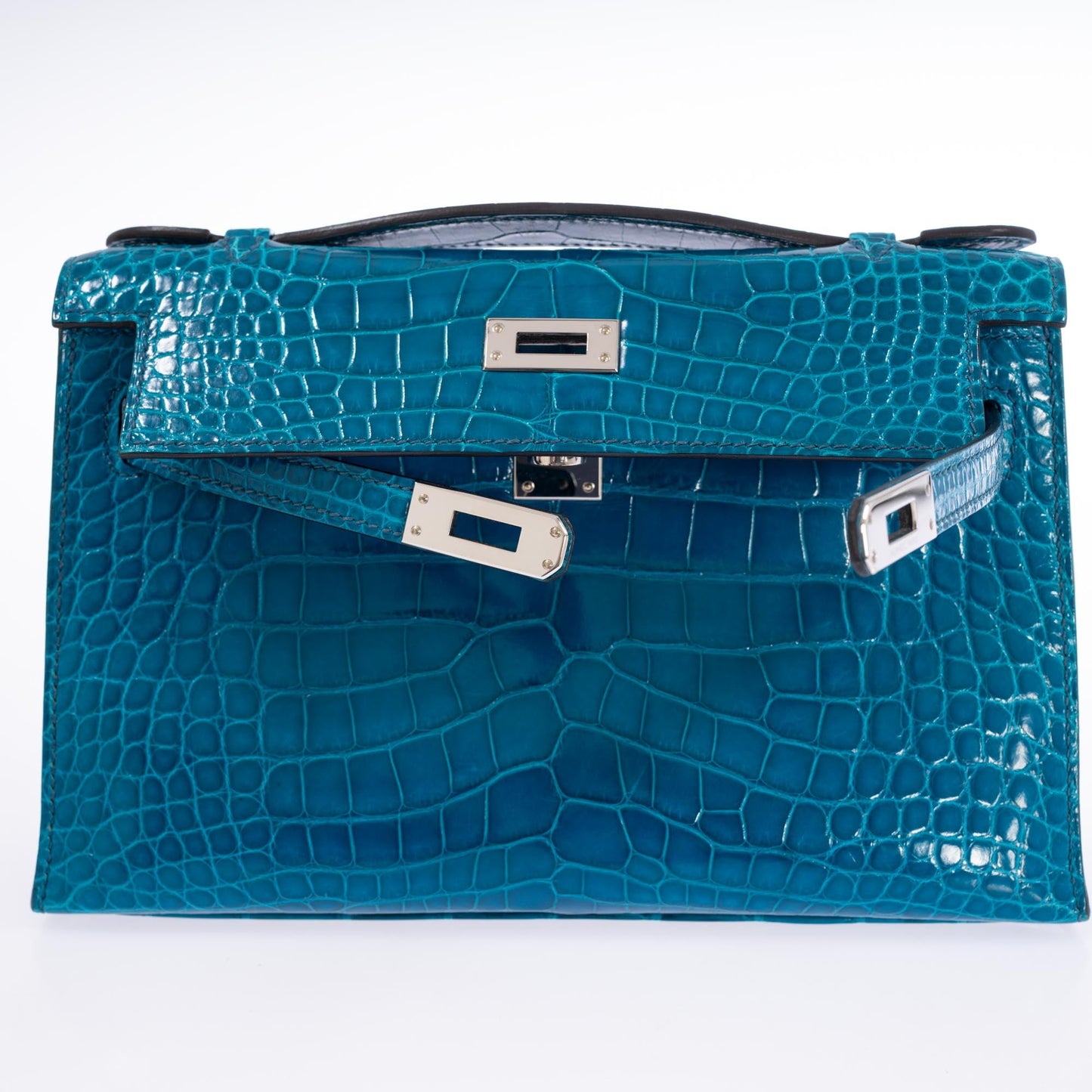 Hermès Kelly Pochette Blue Izmir Shiny Alligator Palladium Hardware