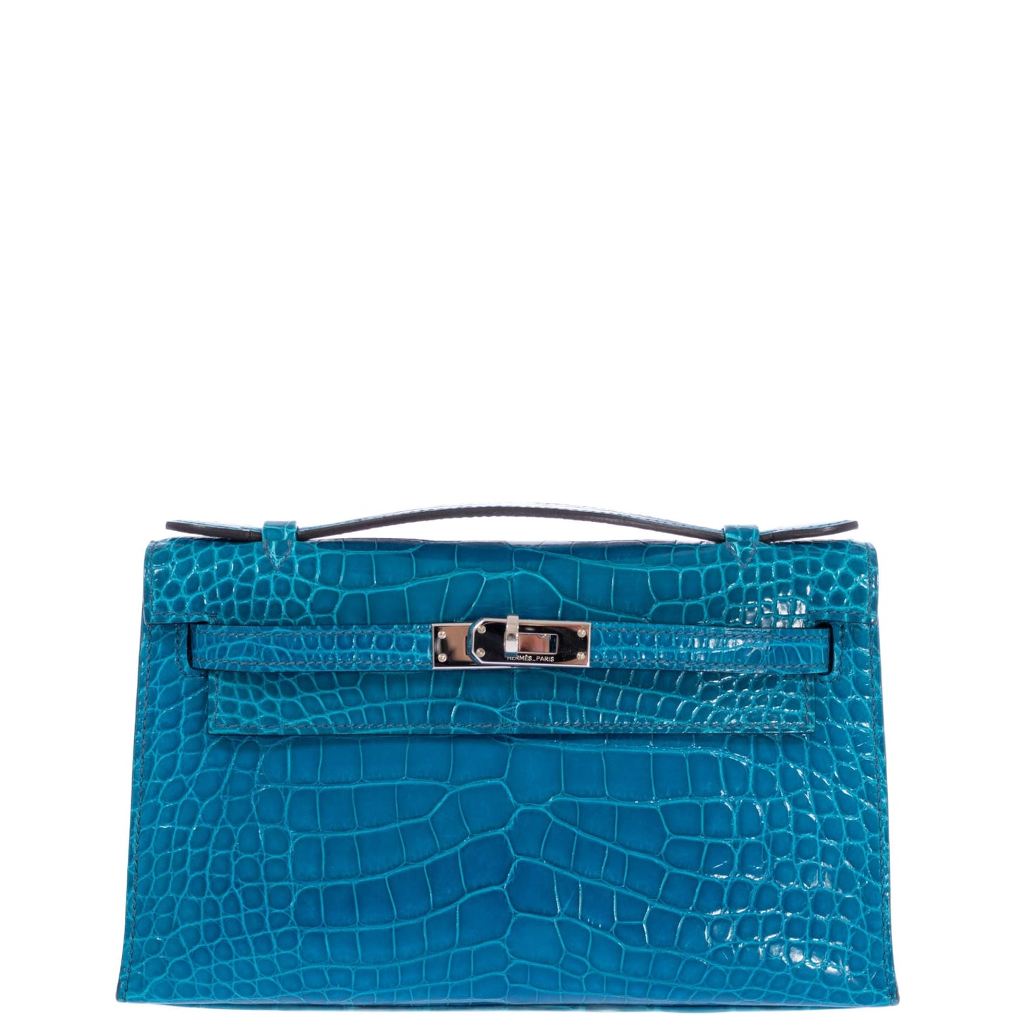 Hermès Kelly Pochette Blue Izmir Shiny Alligator Palladium Hardware