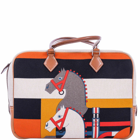 Hermès Plume 32 Multicolor Horse Print Canvas & Barenia Palladium Hardware