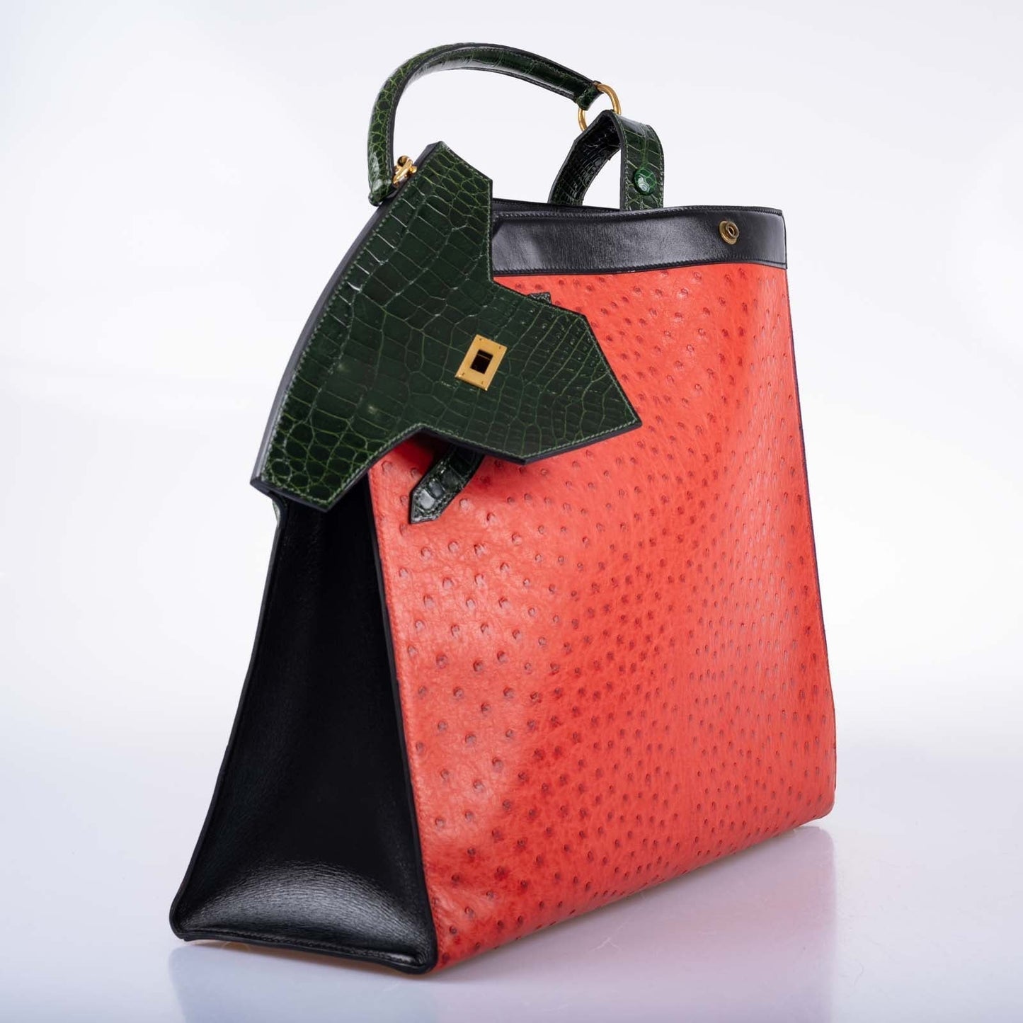 Hermès Sac Himalaya Symbiose Rouge Vif Ostrich, Doblis Suede, Box, and Porosus Crocodile Gold Hardware