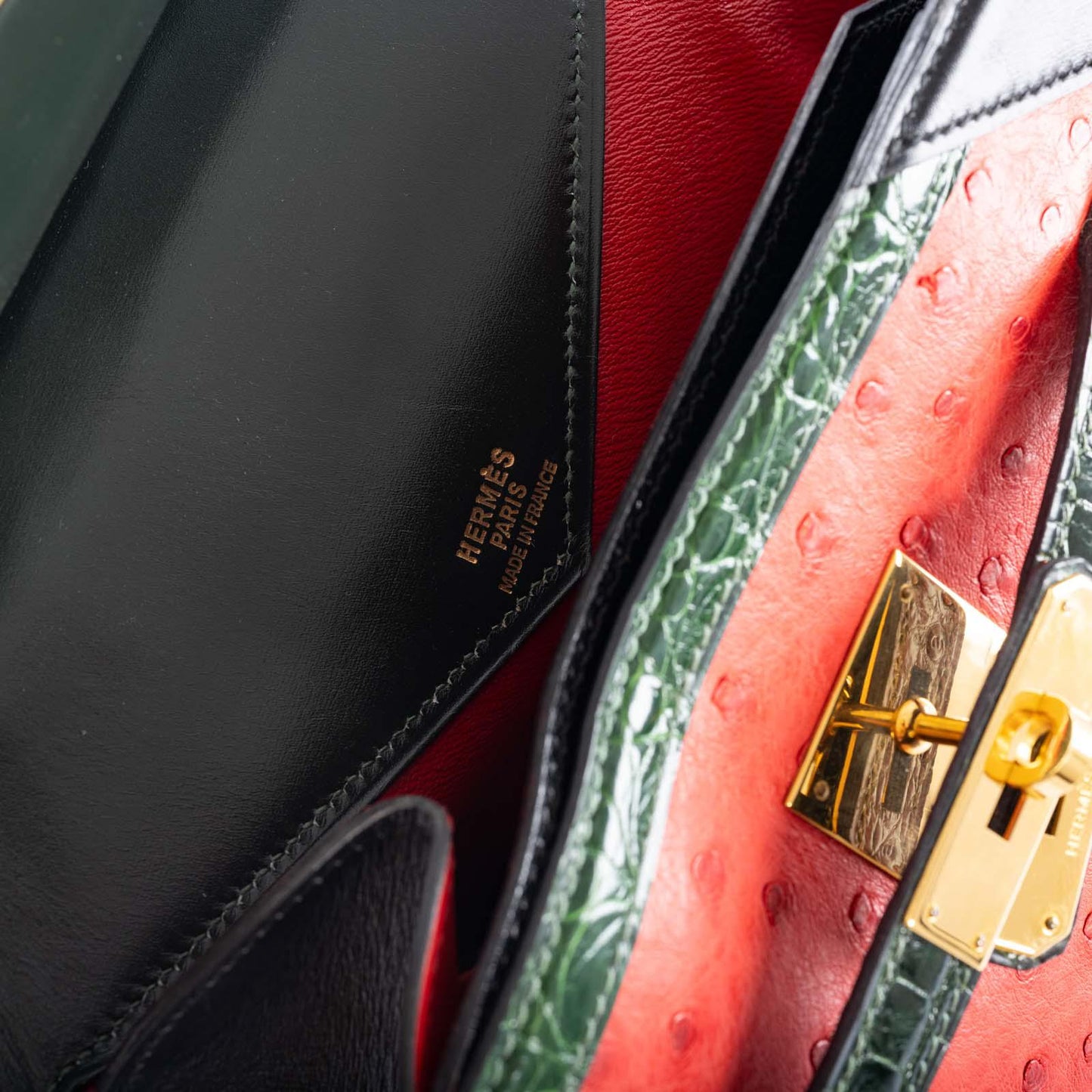 Hermès Sac Himalaya Symbiose Rouge Vif Ostrich, Doblis Suede, Box, and Porosus Crocodile Gold Hardware