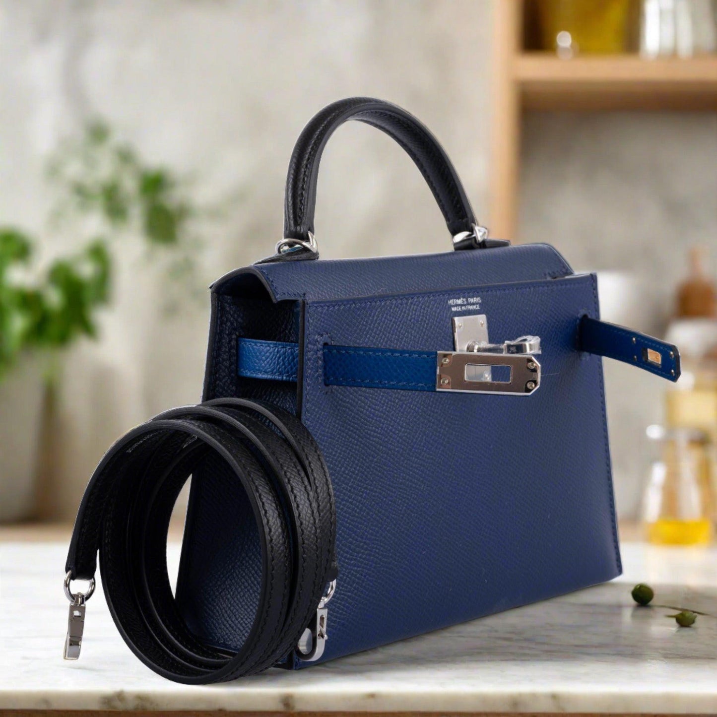 Hermès Tricolor Mini Kelly 20 Bleu Saphir, France, and Black Epsom Palladium Hardware
