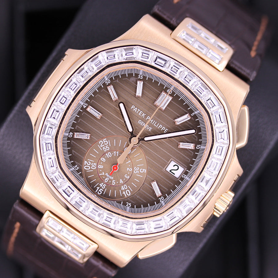 Patek Philippe Nautilus Chronograph 40mm 5980R Custom Diamond Baguette Setting Brown Dial Pre-Owned