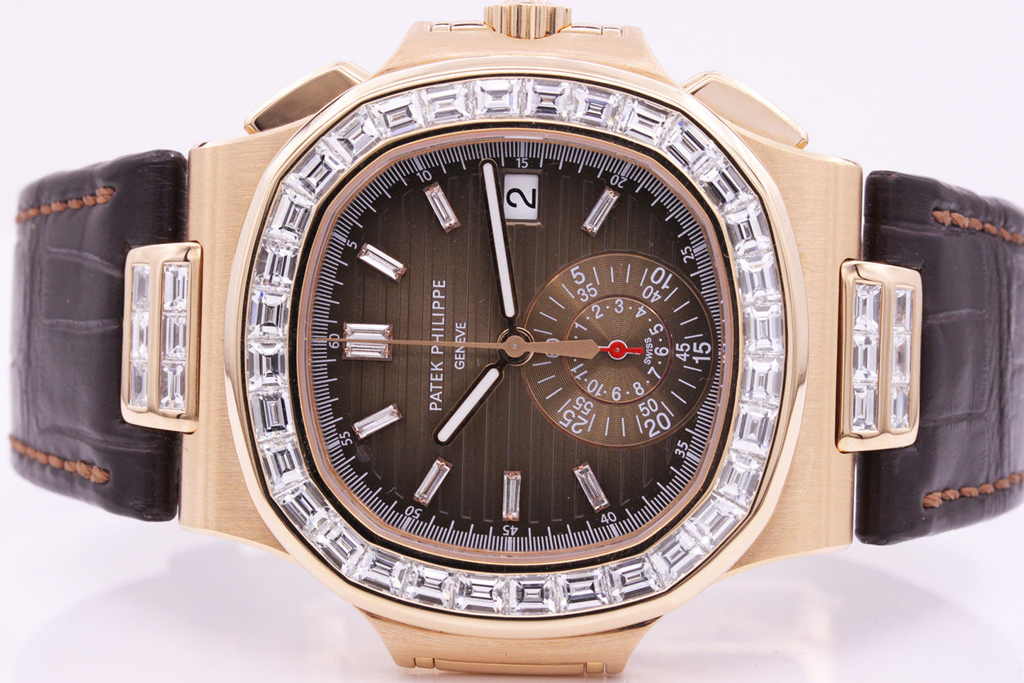 Patek Philippe Nautilus Chronograph 40mm 5980R Custom Diamond Baguette Setting Brown Dial Pre-Owned
