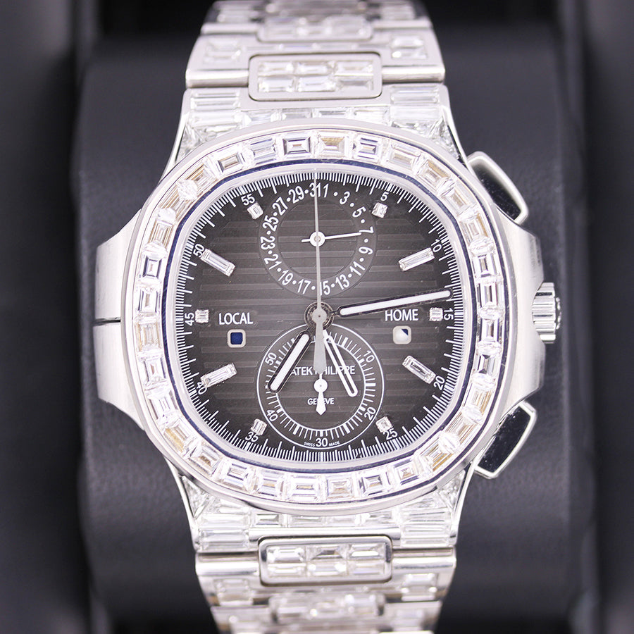 Patek Philippe Nautilus Travel Time Chronograph 40mm 5990/1A Black Dial Custom Baguette Diamond Setting Pre-Owned
