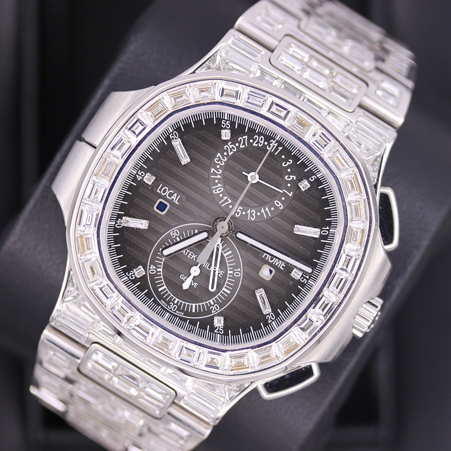 Patek Philippe Nautilus Travel Time Chronograph 40mm 5990/1A Black Dial Custom Baguette Diamond Setting Pre-Owned