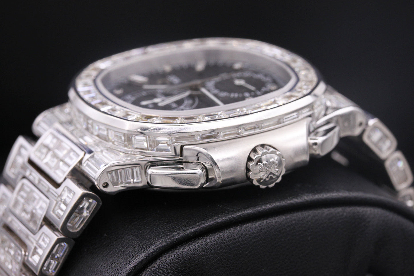 Patek Philippe Nautilus Travel Time Chronograph 40mm 5990/1A Black Dial Custom Baguette Diamond Setting Pre-Owned