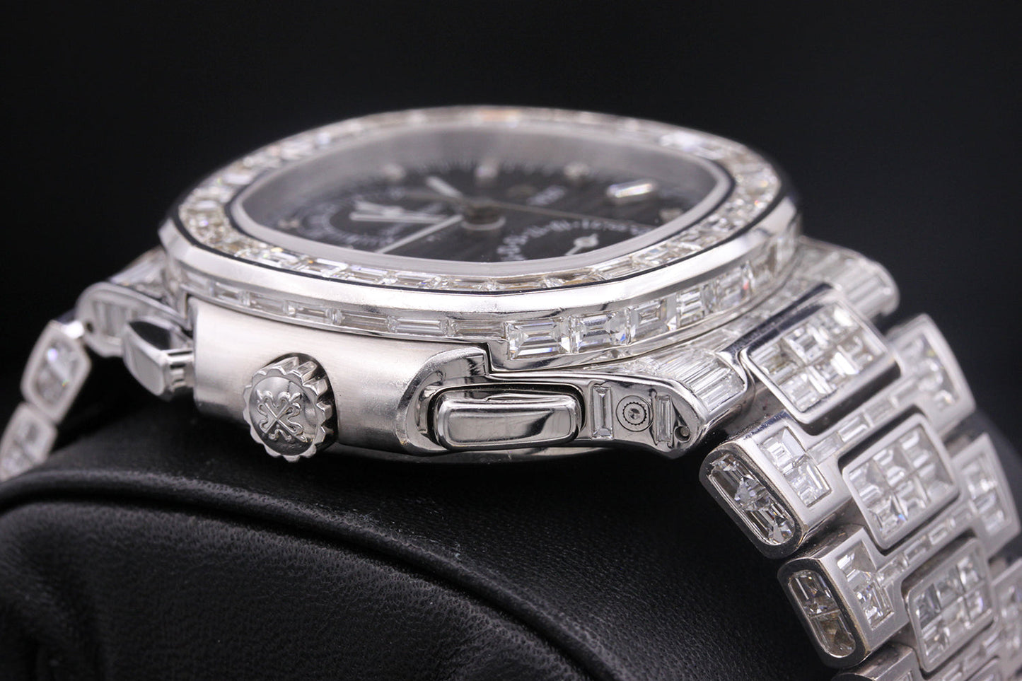 Patek Philippe Nautilus Travel Time Chronograph 40mm 5990/1A Black Dial Custom Baguette Diamond Setting Pre-Owned