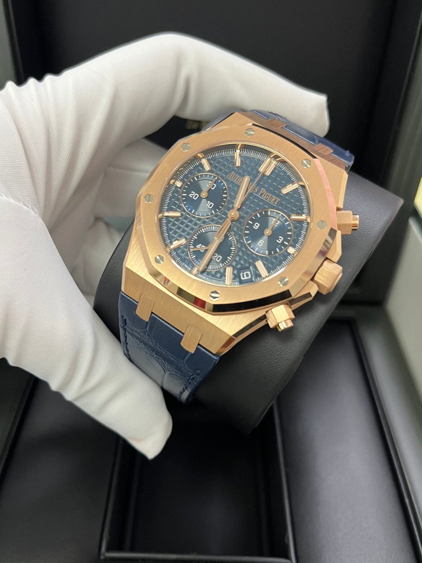 Audemars Piguet Royal Oak Chronograph 41mm 18k Rose Gold Blue Dial On Leather 26240OR.OO.D315CR.02