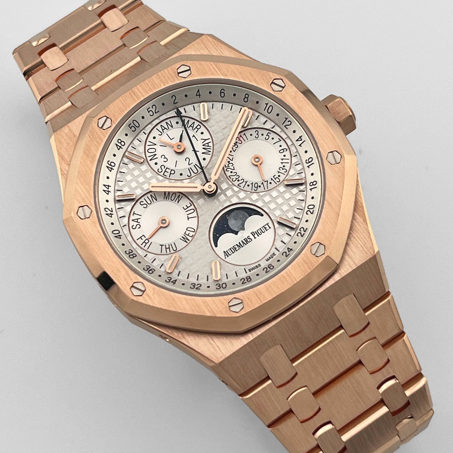 Audemars Piguet Royal Oak Perpetual Calendar 26574OR.OO.1220OR.01 Rose Gold Silver Dial