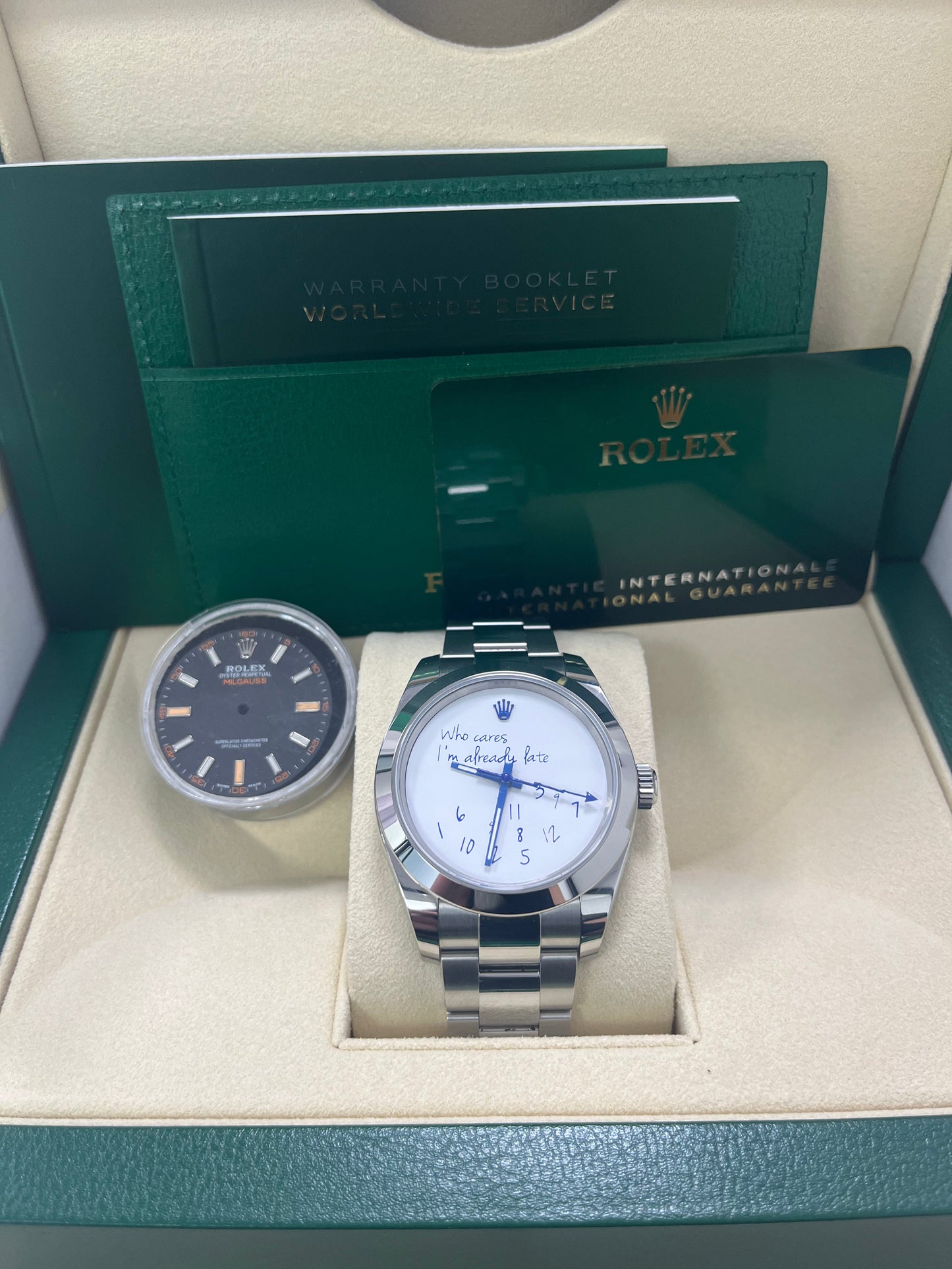 Rolex Steel Milgauss Watch Green Crystal - 116400GV Custom Mad in time Dial