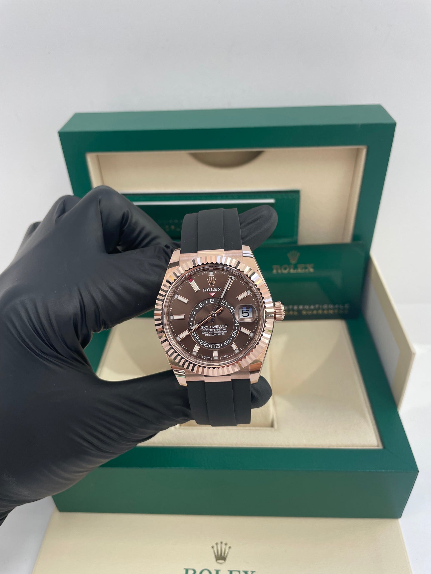 Rolex Sky-Dweller 42mm Rose Gold Chocolate Index Dial Oysterflex Bracelet (Ref # 326235)