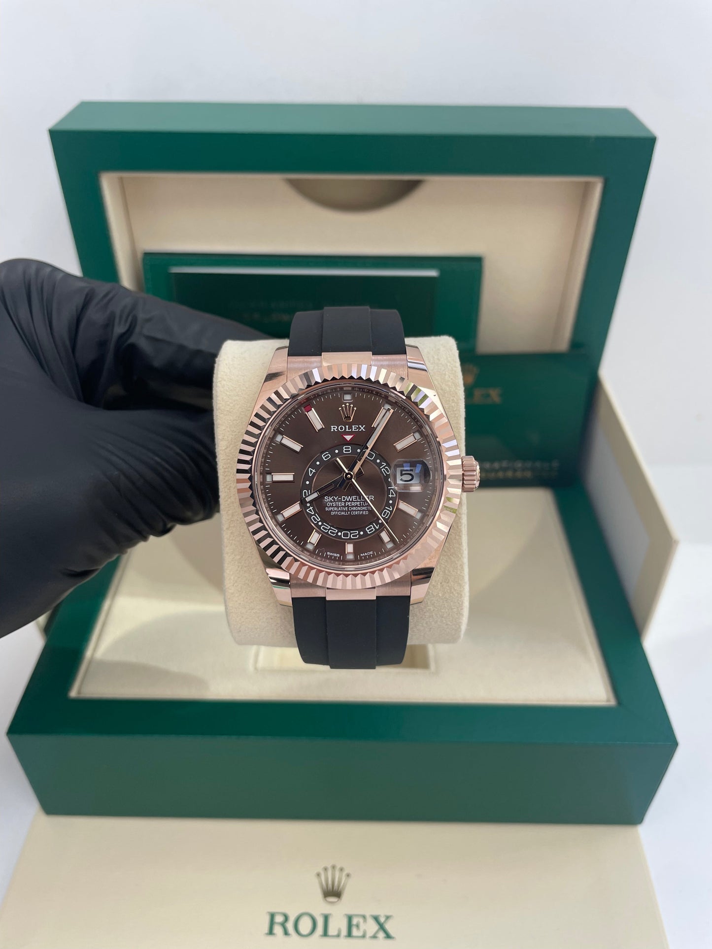 Rolex Sky-Dweller 42mm Rose Gold Chocolate Index Dial Oysterflex Bracelet (Ref # 326235)