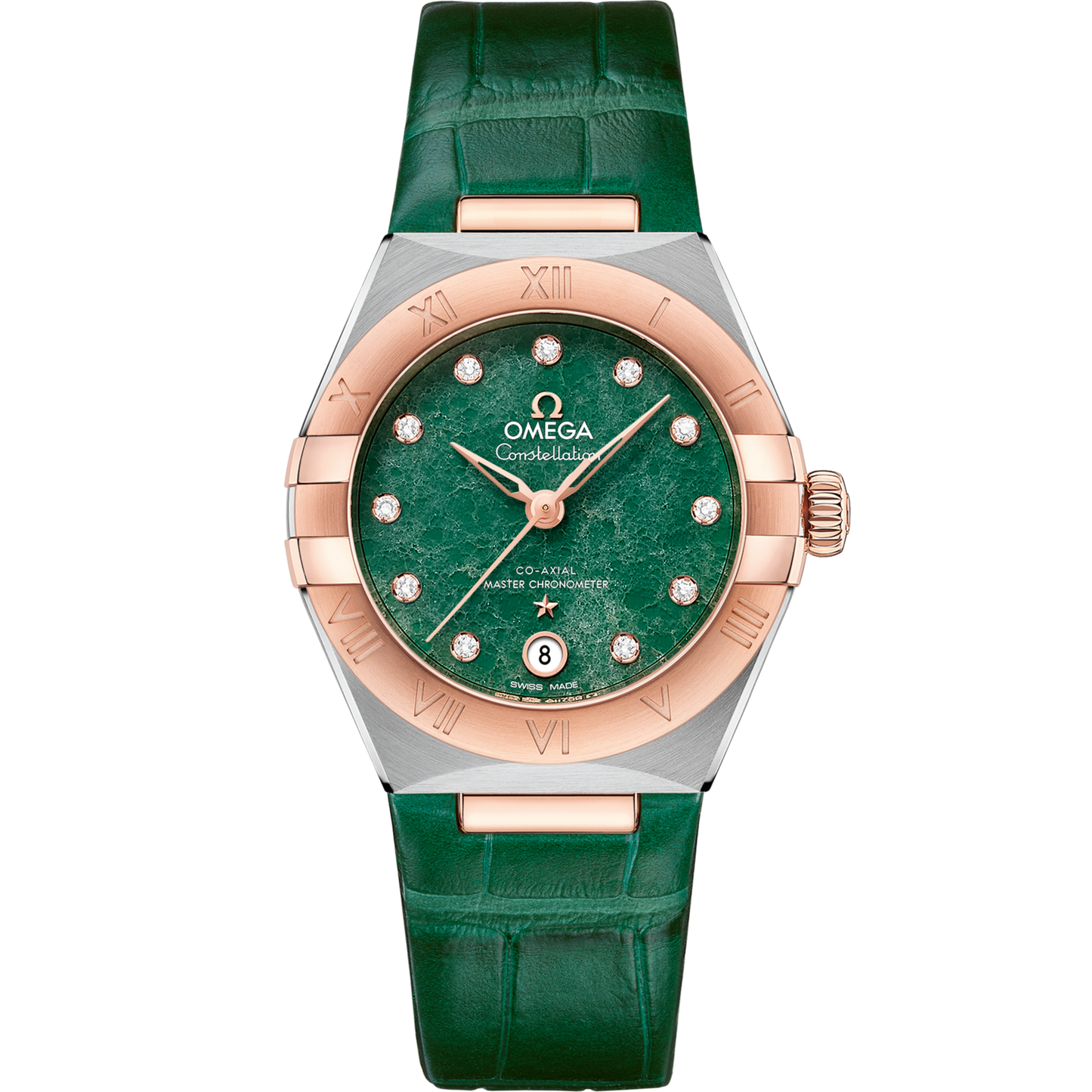 Omega Constellation 29 mm Green Dial with Diamonds Stainless Steel and Sedna™ 18k Rose Gold Strap 131.23.29.20.99.001