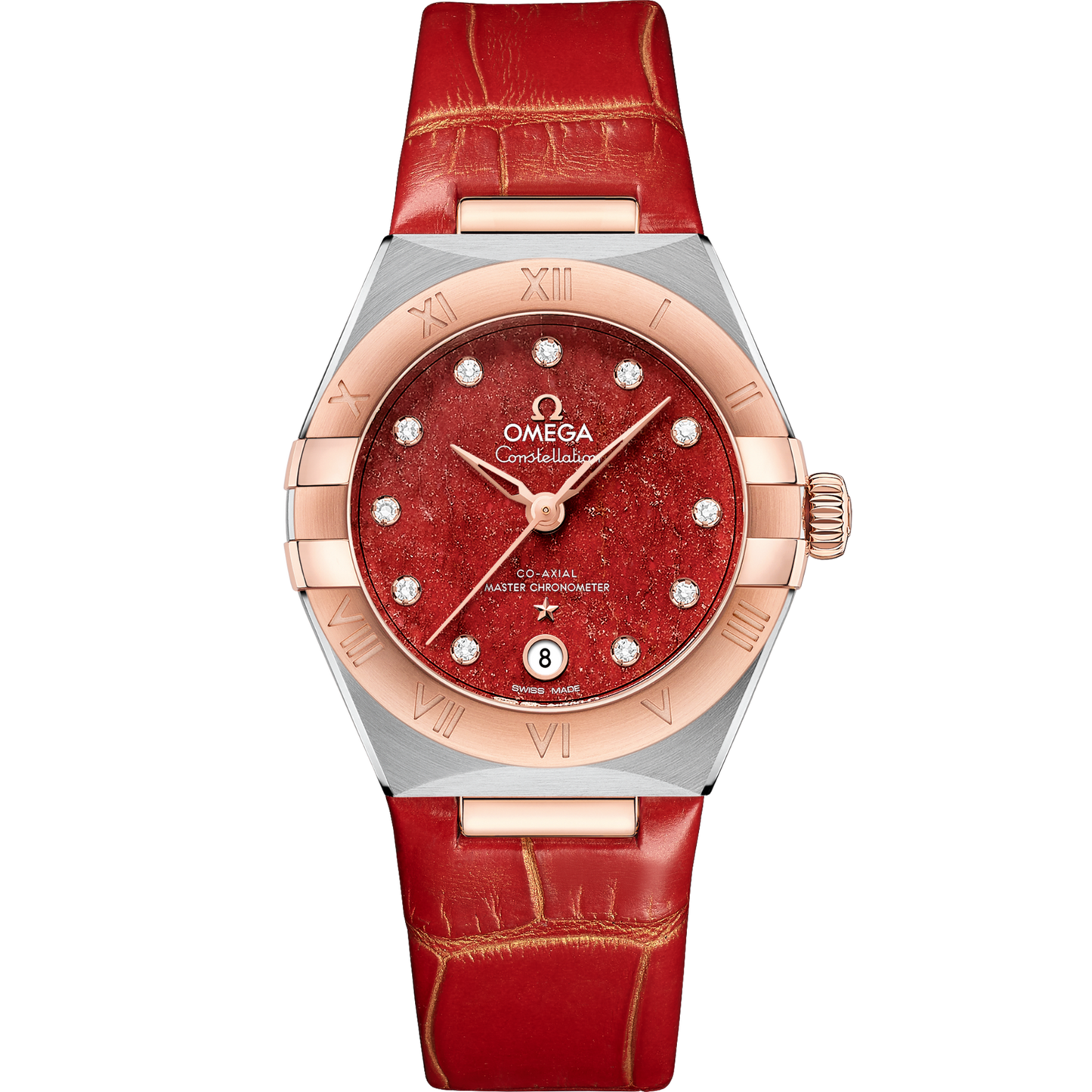 Omega Constellation 29 mm Red Dial with Diamonds Stainless Steel and Sedna™ 18k Rose Gold Strap 131.23.29.20.99.002