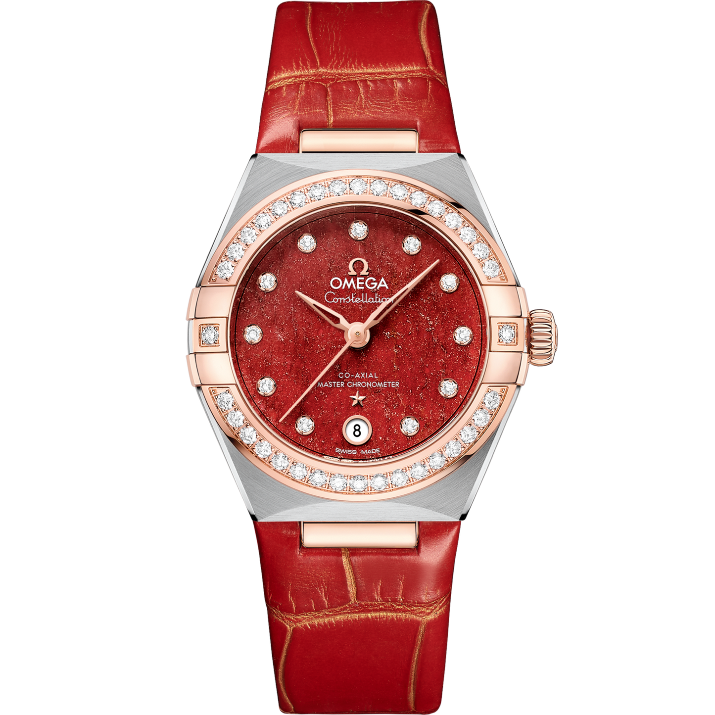 Omega Constellation 29 mm Red Dial with Diamonds Stainless Steel and Sedna™ 18k Rose Gold Strap 131.28.29.20.99.002