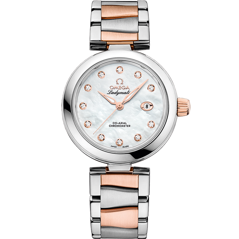 Omega De Ville Ladymatic 34 mm White Dial with Diamonds Stainless Steel Sedna™ 18k Rose Gold Bracelet 425.20.34.20.55.004